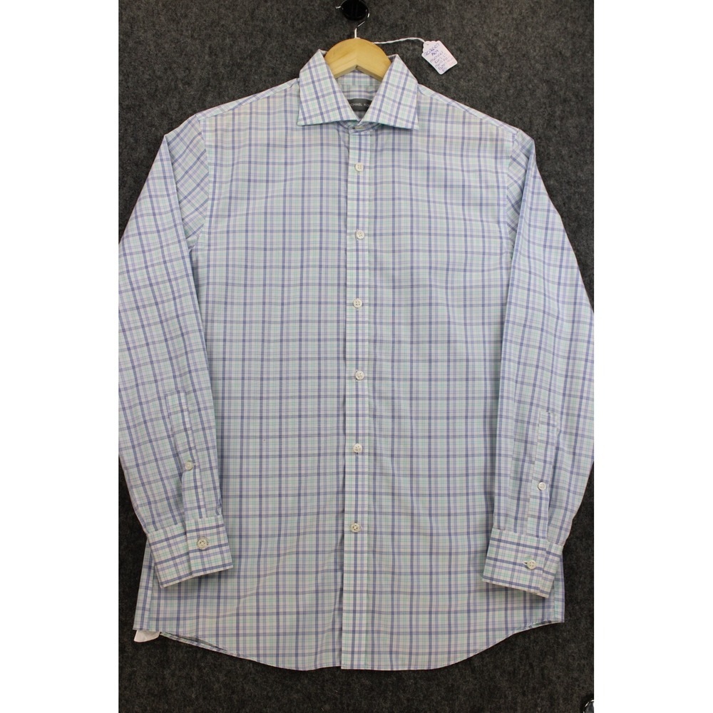 Michael Kors Mens Airsoft Stretch Plaid Dress Shirt Blue Green 15 32/33 M